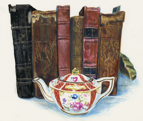 antique books and teapot rendered in color scratchboaerd by artist Lori McAdams.