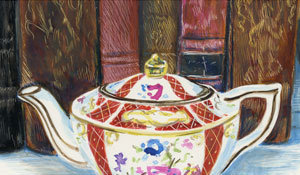 antique books and teapot rendered in color scratchboaerd by artist Lori McAdams.