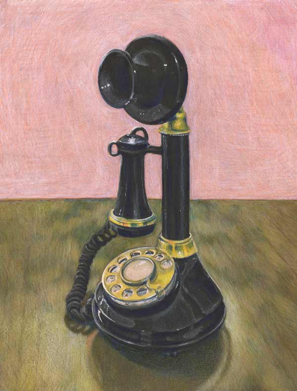 Black old candlestick-style black rotary phone with golden dial and accents aginst a wooedn table and pink background.