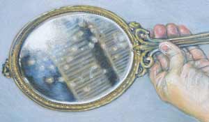 colored pencil drawing of a woman's hand holding an ornate antique mirror with white spots covering the glass.