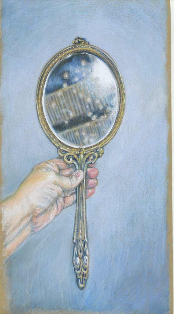 colored pencil drawing of a woman's hand holding an ornate antique mirror with white spots covering the glass.
