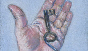 Colored pencil drawing of a woman’s hand holding an old key.