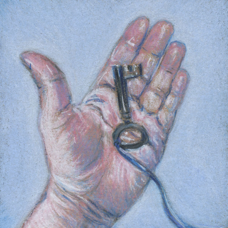 Colored pencil drawing of a woman’s hand holding an old key.