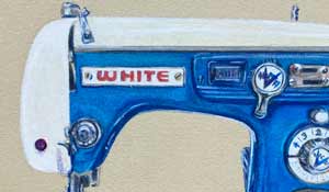 Colored pencil drawing of teal colored antique sewing machine.