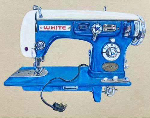 Colored pencil drawing of teal colored antique sewing machine.