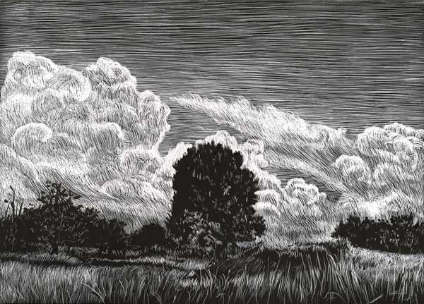 black and white drawing of a treeline and clouds
