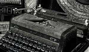 A black and white scratchboard drawing of an old manual typewriter and cassette recorder with a man's straw hat and searsucker jacket in the background.