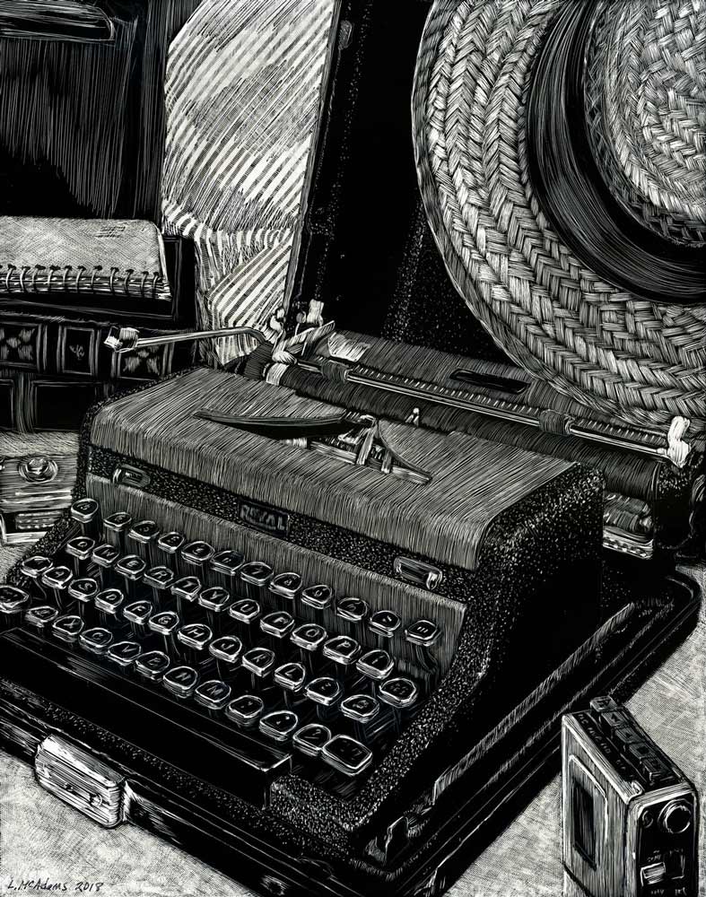 A black and white scratchboard drawing of an old manual typewriter and cassette recorder with a man's straw hat and searsucker jacket in the background.