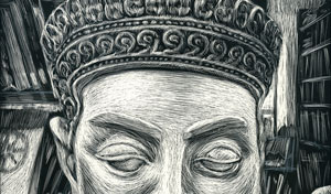 Black and white rendering up close of a Buddha head statue in a bookstore.