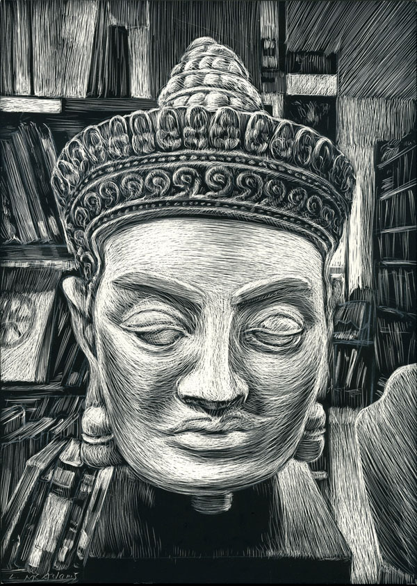 Black and white rendering up close of a Buddha head statue in a bookstore.