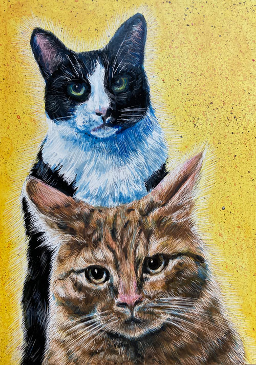 Color drawing of a black and white cat standing behind an orange tabby cat against a bright golden yellow background staring directly at the viewer.