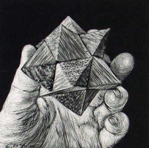 Square framed black and white drawing of a persons left hand holing a multi-planed wooden puzzle.