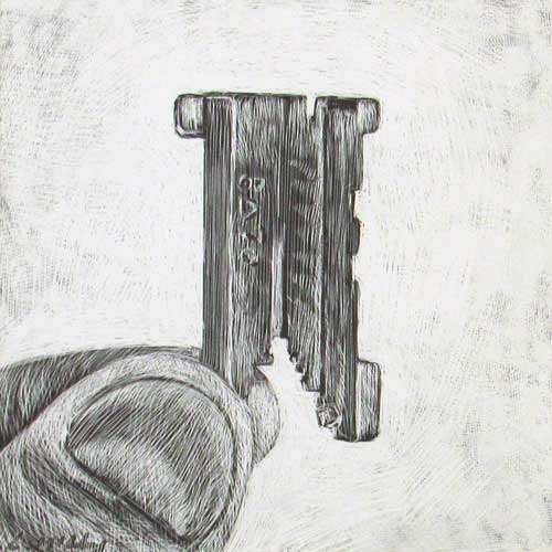 Black and white drawing of a thumb and forefinger holding a brass metal keyshaped linotype matrix.